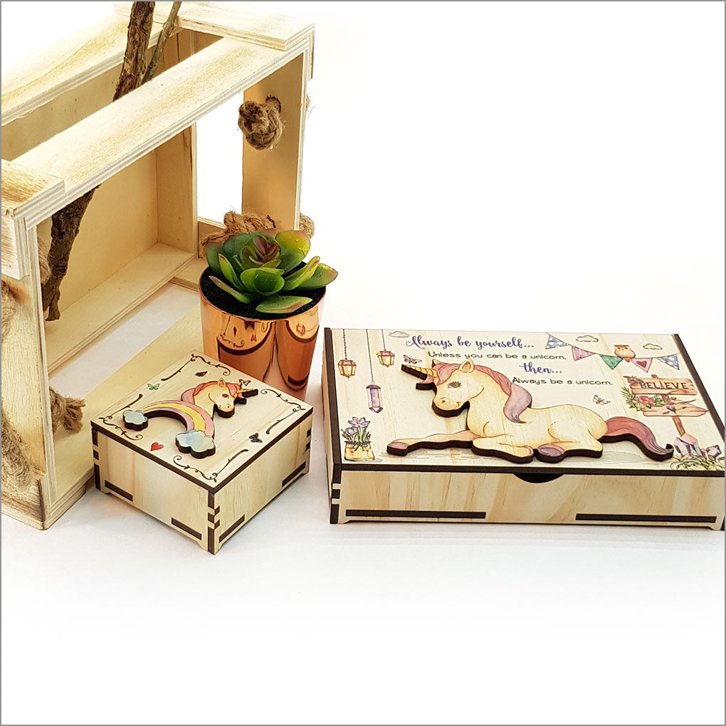 Large Unicorn Trinket Box made of NZ Pine veneer, featuring a vibrant unicorn design for storing jewelry and treasures.