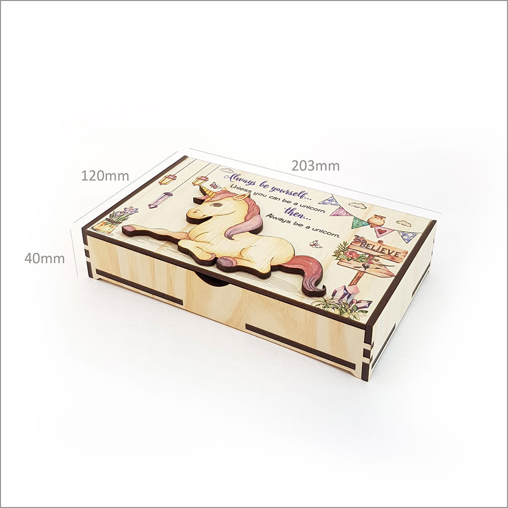 Large trinket box featuring a vibrant unicorn design, perfect for storing jewelry and keepsakes in a whimsical style.