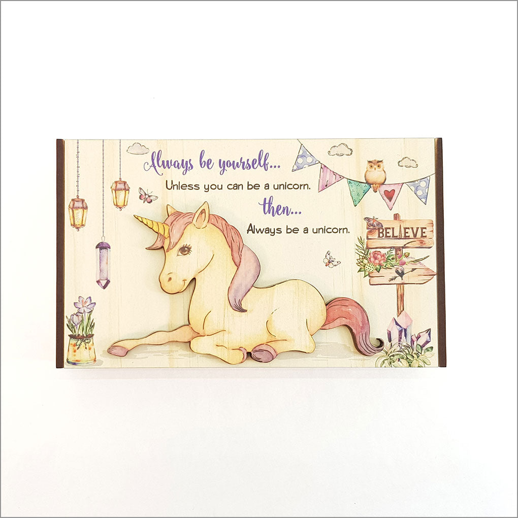 Large trinket box featuring a vibrant unicorn design, ideal for storing jewelry and keepsakes, made from NZ Pine veneer.