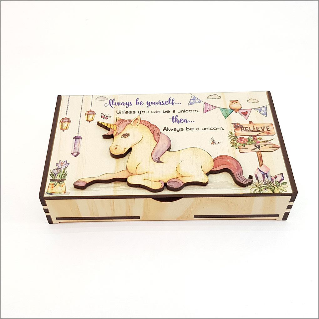 Large unicorn trinket box crafted from NZ Pine veneer, featuring a vibrant unicorn design for storing jewelry and keepsakes.
