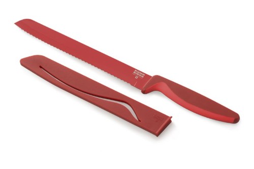Kuhn Rikon Bread Knife with 7-inch serrated carbon steel blade, non-stick surface, and safety sheath for easy, clean slicing.
