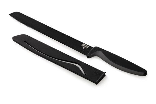 Kuhn Rikon bread knife with a 7-inch serrated carbon steel blade, featuring a non-stick surface and safety sheath.
