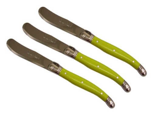 Set of 3 vibrant green Verdier Spreaders with stainless steel blades and comfortable resin handles, featuring the Laguiole Bee.