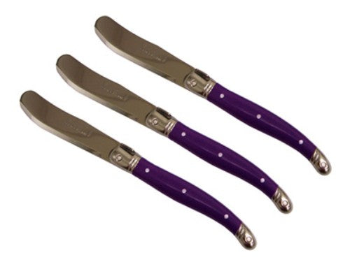 Set of 3 vibrant violet Verdier spreaders with stainless steel blades and resin handles, featuring the Laguiole Bee emblem.