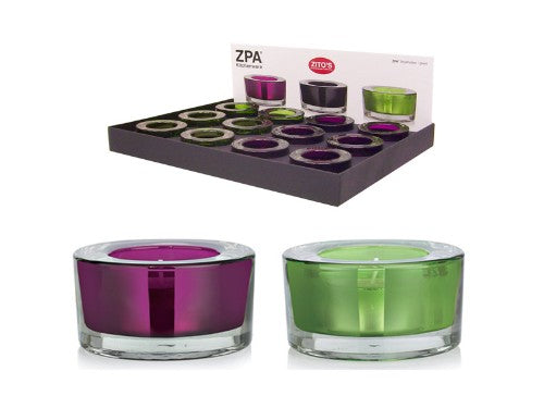 Elegant glass candle holders set of 12 in vibrant green and rich purple, perfect for enhancing home decor and ambiance.