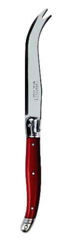 Set of 3 Verdier cheese knives with red resin handles and stainless steel blades, featuring Laguiole Bee engraving.