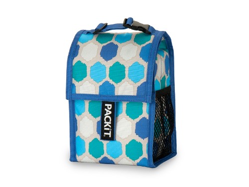 Baby Bottle Cooler in Blue Dot design, holds 2 bottles, keeps contents cool for 10 hours, and folds for easy storage.