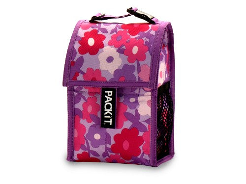 Stylish floral baby bottle cooler by Packit, holds 2 bottles, keeps milk chilled for 10 hours, foldable for easy storage.