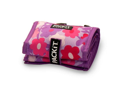 Stylish floral baby bottle cooler by Packit, holds 2 bottles, keeps milk cool for up to 10 hours, foldable for easy storage.