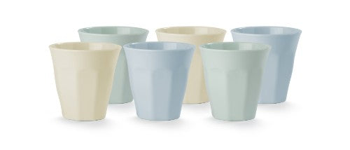 Set of 12 melamine cups in classic Americana colors, durable, 250ml capacity, perfect for casual gatherings and outdoor use.
