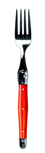 Set of 3 vibrant orange Verdier forks, made in France, featuring stainless steel and colorful resin handles, dishwasher safe.