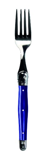 Set of three elegant violet Verdier forks, stainless steel with resin handles, featuring the iconic Laguiole Bee.