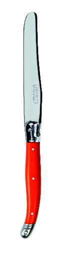 Set of 3 vibrant orange Verdier table knives with stainless steel blades and comfortable resin handles, featuring the Laguiole Bee.