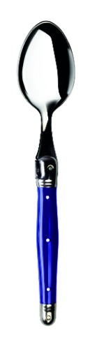 Set of three Verdier Violet spoons with vibrant handles, Laguiole Bee emblem, crafted in France, dishwasher safe.