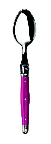 Set of 3 vibrant fuchsia Verdier teaspoons, made in France with resin handles and Laguiole Bee emblem, dishwasher safe.