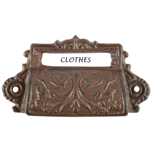 Set of 6 decorative cast iron drawer pulls with label holders, perfect for stylish organization and vintage charm.