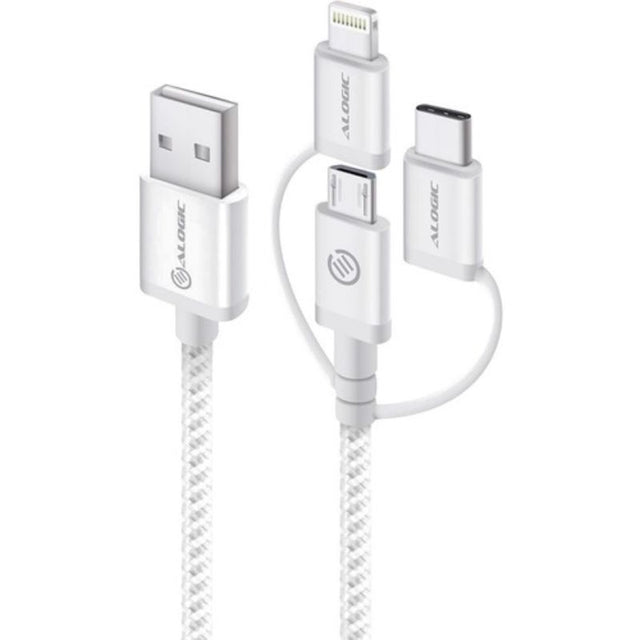 Alogic 30 cm 3-in-1 USB-A to Micro USB, Lightning & USB-C cable, featuring durable nylon braiding and sleek aluminum connectors.