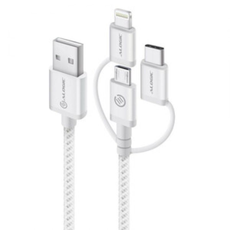 Alogic 30 cm 3-in-1 cable featuring Micro USB, Lightning, and USB-C connectors for versatile charging and data transfer.