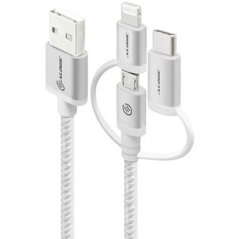 Alogic 3-in-1 USB-A to Micro USB, Lightning & USB-C cable, 30 cm long, designed for versatile charging and data transfer.