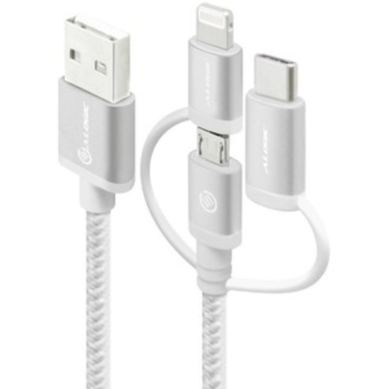 Alogic 3-in-1 USB cable with Micro USB, Lightning, and USB-C connectors for versatile charging and data transfer.