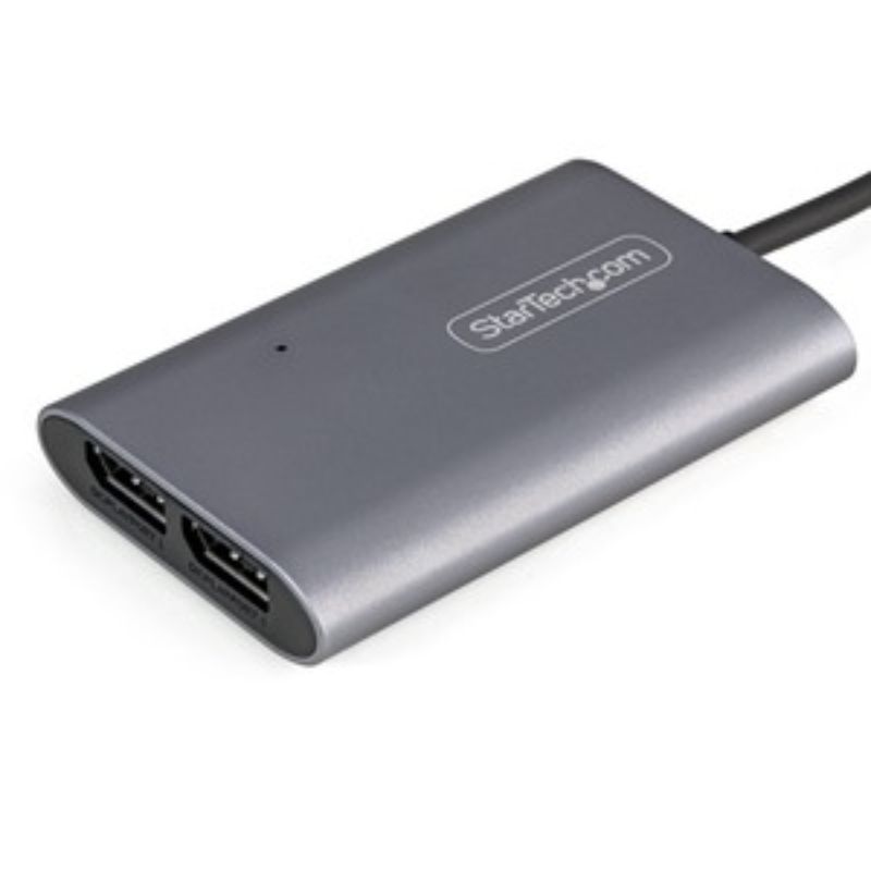 StarTech Thunderbolt 3 to Dual DisplayPort Adapter connecting two 4K monitors, featuring 8K support and 18-inch built-in cable.
