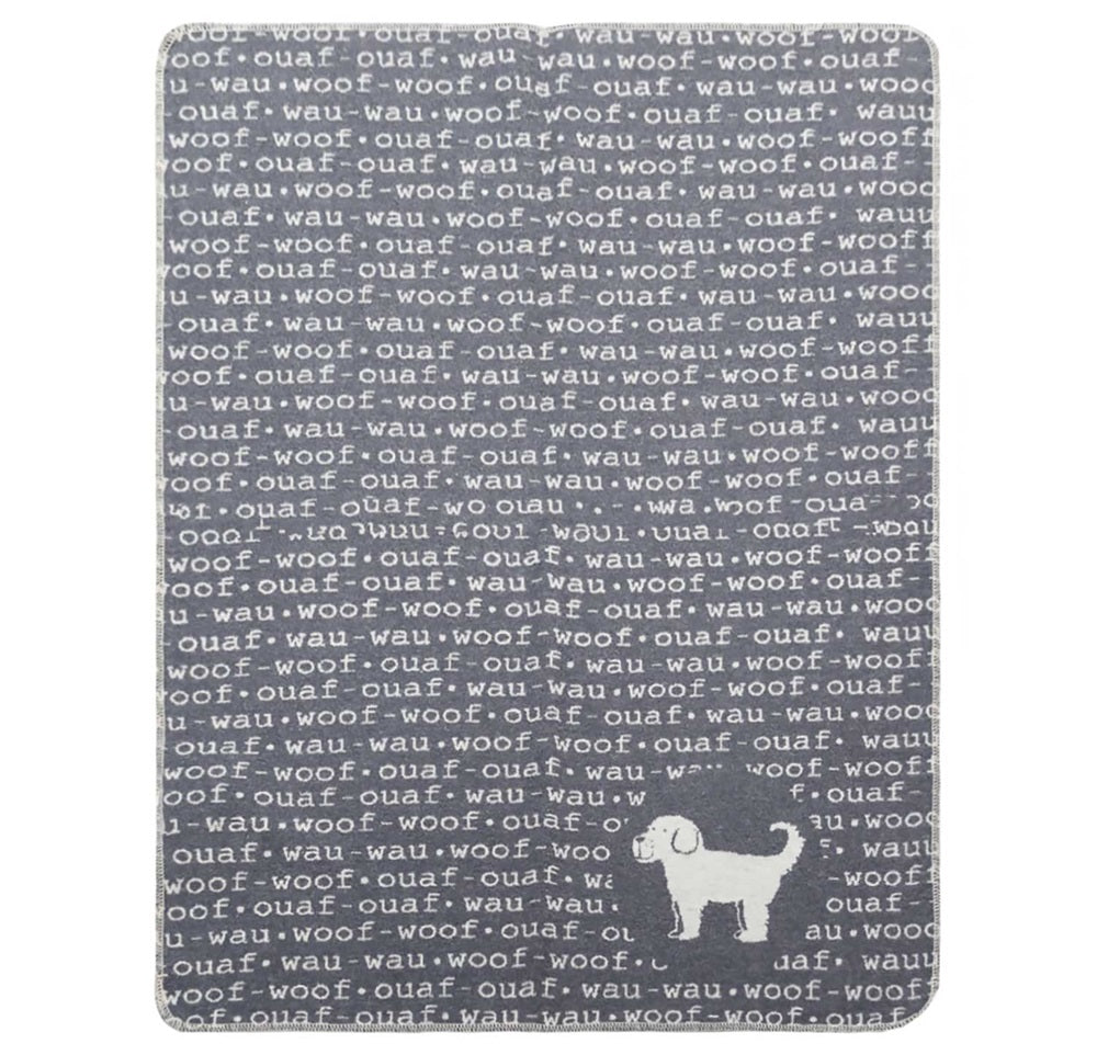 Soft, cozy 70x90cm dog blanket by David Fussenegger, crafted in Austria with a playful Woof Woof design.