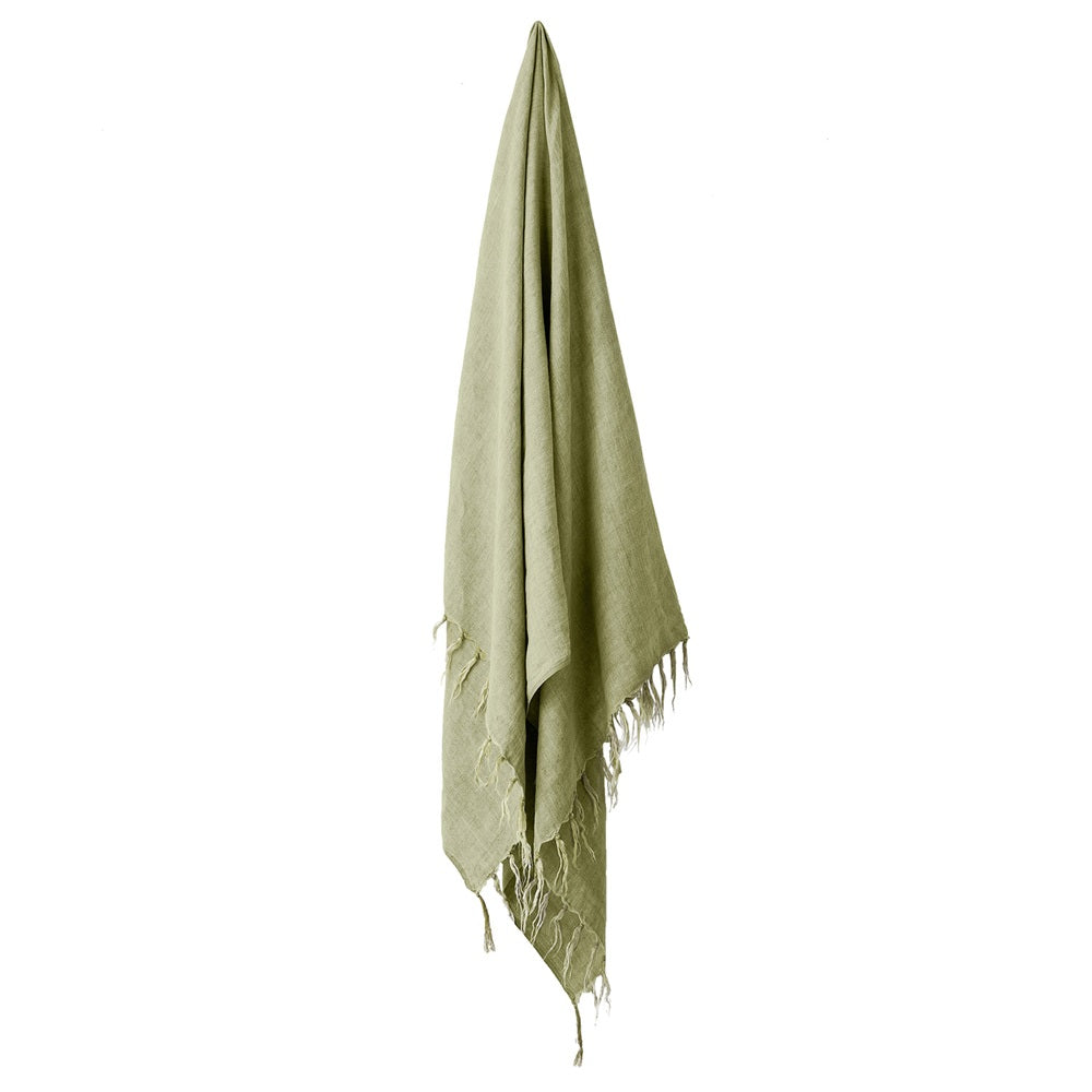 Elegant pure linen throw with fringe, vintage charm, measures 130x170cm, available in earthy tones.