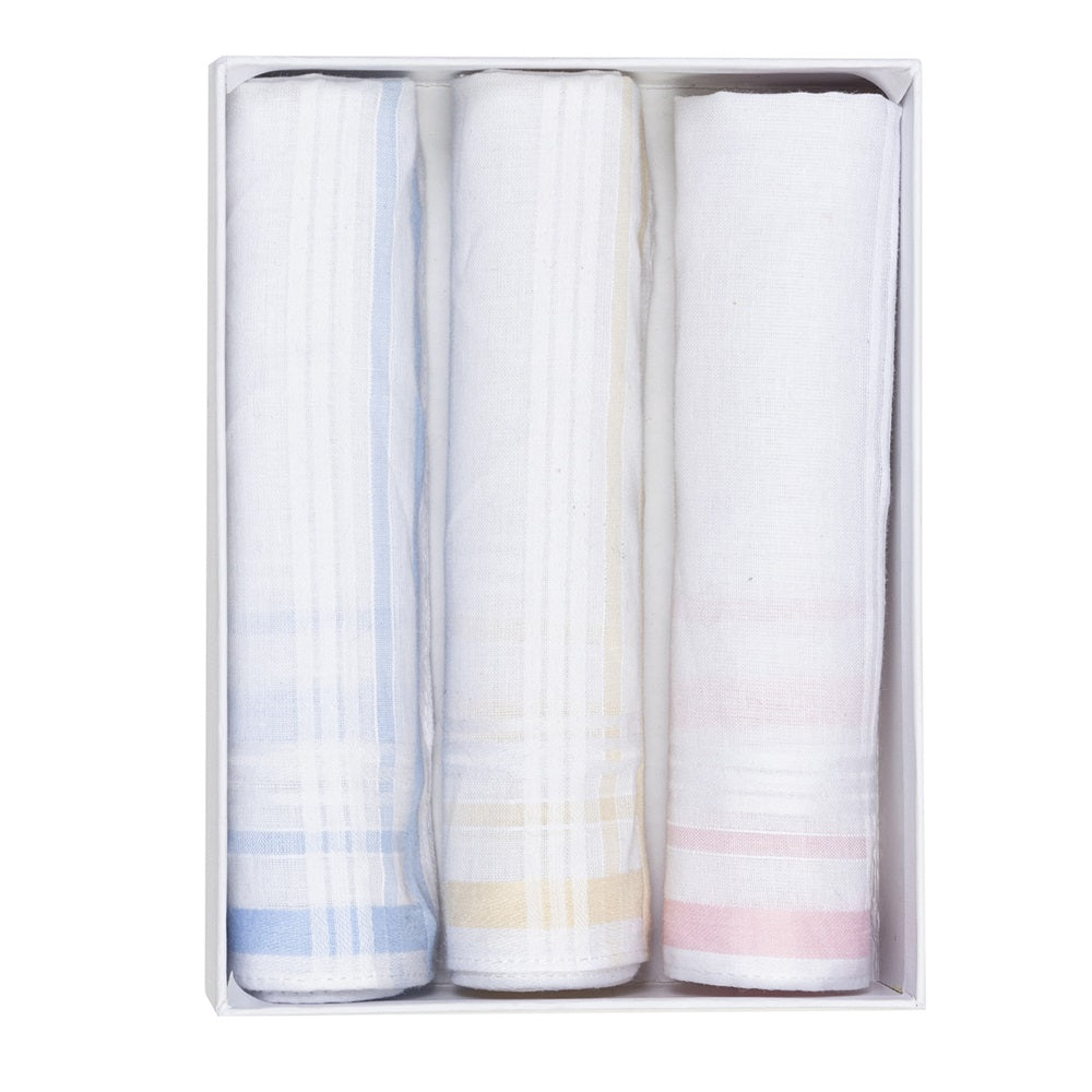 Elegant set of three 100% cotton ladies handkerchiefs with pastel borders, presented in a stylish gift box.