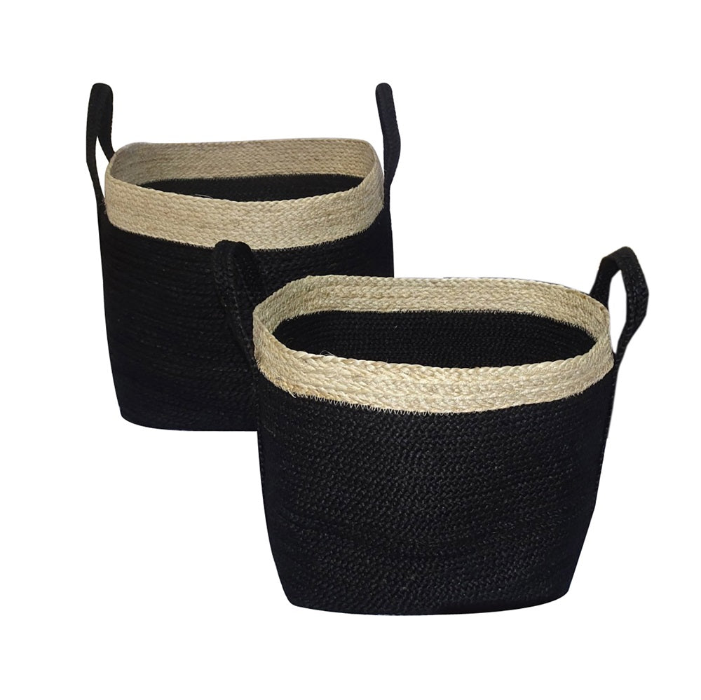 Set of 2 eco-friendly jute baskets with long handles, featuring black and natural tones for stylish organization.