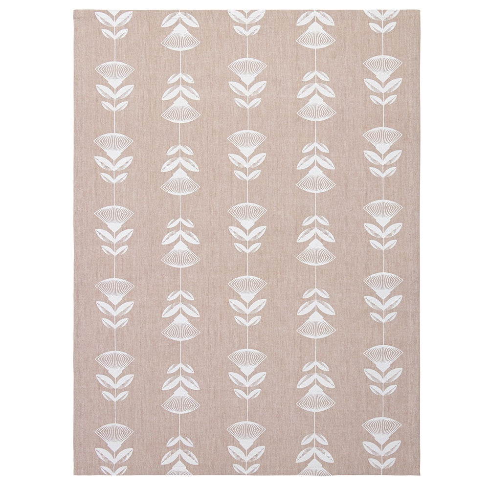 Pohutukawa-White Tea Towel featuring elegant blooms, 100% cotton, 50x70 cm, with a loop for easy hanging. Ideal kitchen essential.