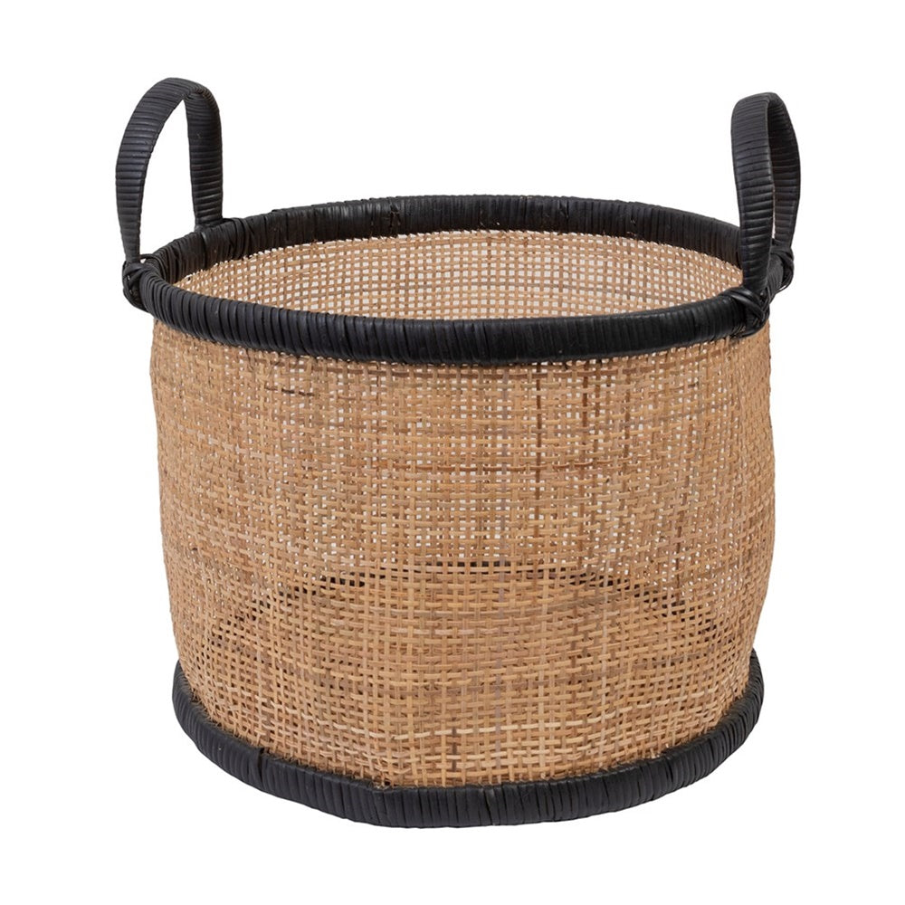 Medium open weave basket in natural and black, ideal for stylish storage and organization in any room.