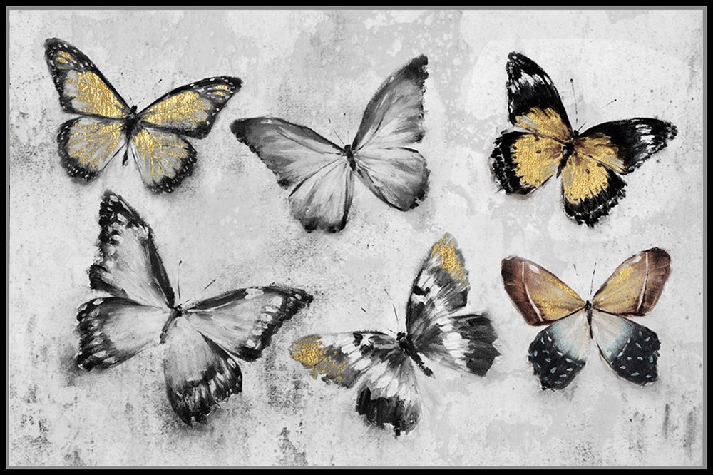 Framed canvas art featuring vibrant butterflies in a black frame, measuring 830 x 1230mm, perfect for modern home decor.