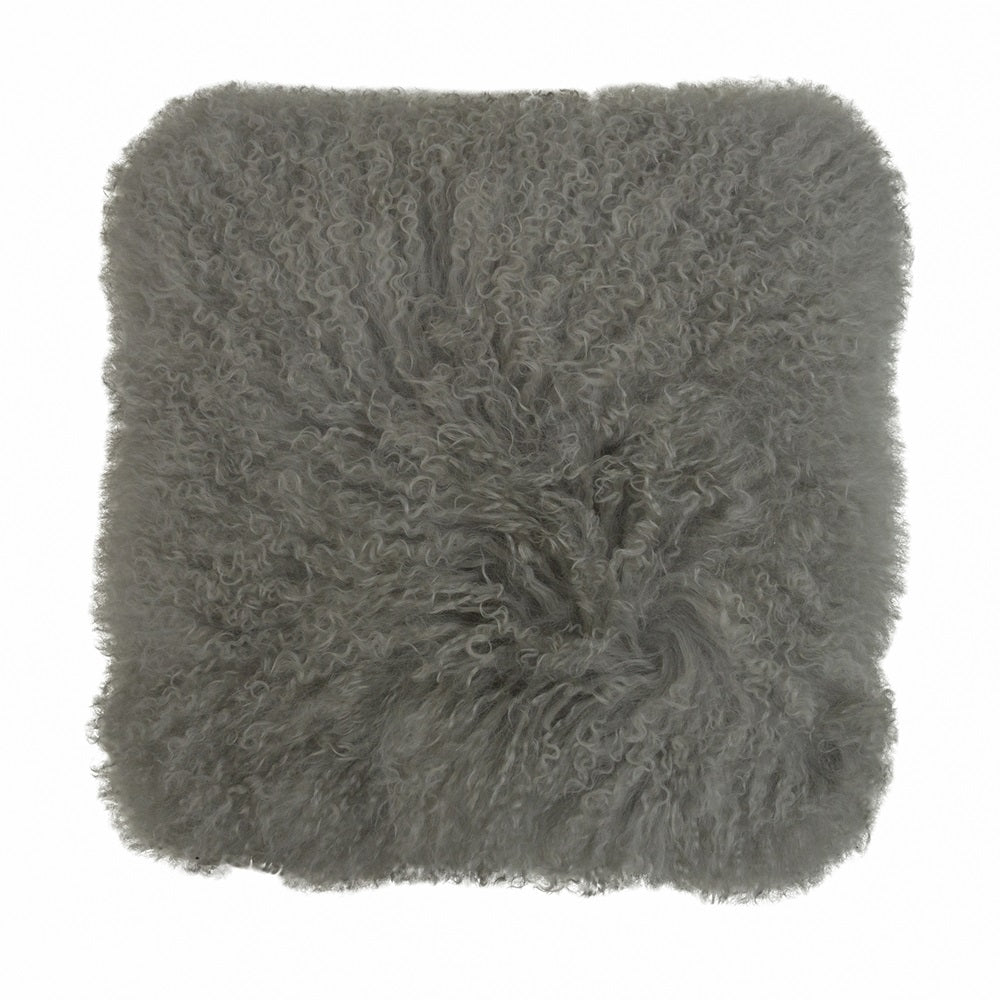 Grey Tibetan Lamb Fur square cushion, 40x40cm, featuring luxurious texture and faux suede backing, ideal for decor or gifting.