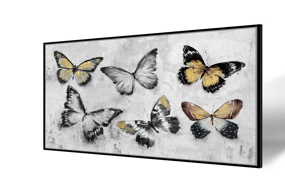 Framed canvas art featuring vibrant butterflies in black frame, measuring 830 x 1230mm, perfect for home decor.
