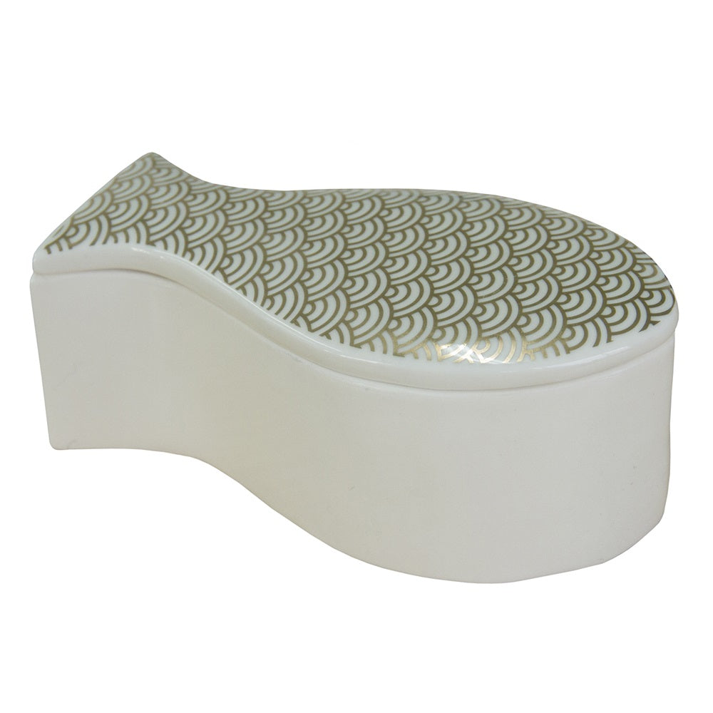 Porcelain fish trinket box, measuring 140x72x57mm, perfect for storing cherished items.