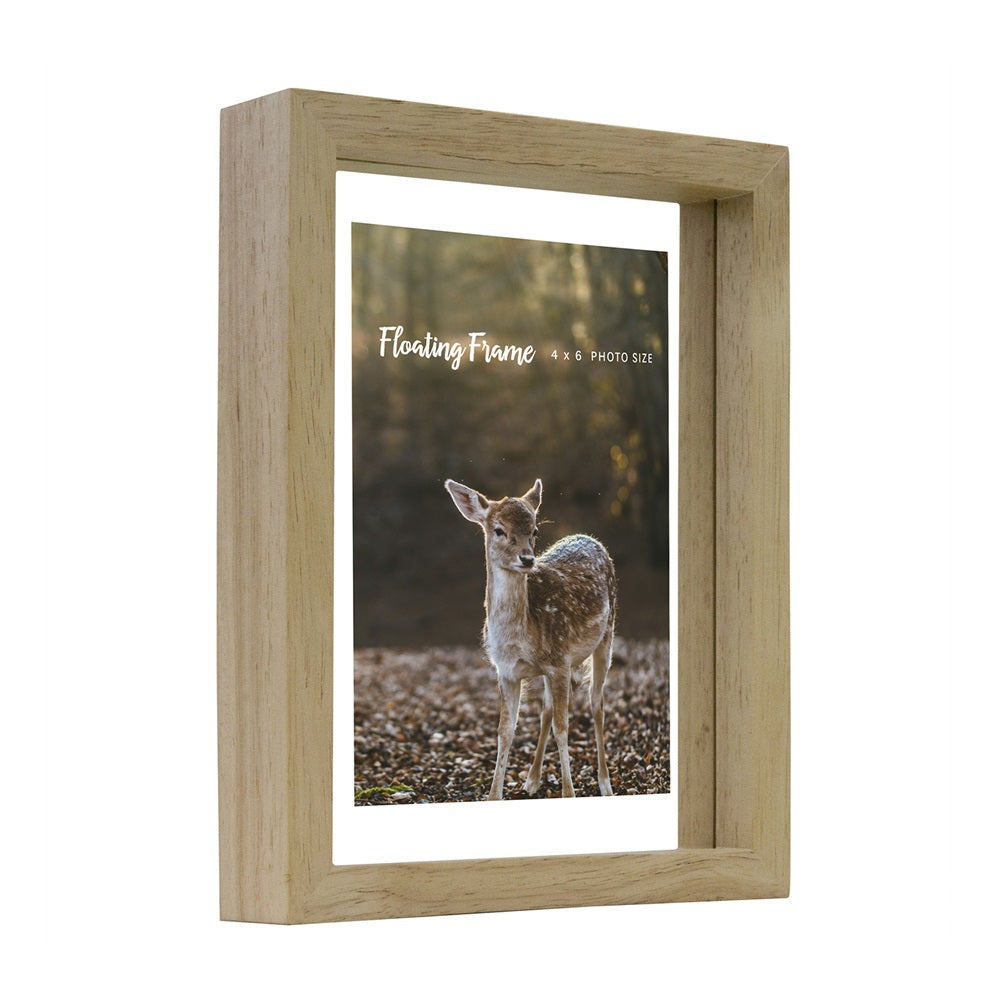 Natural floating photo frame for 4 x 6 inch photos, elegantly showcasing your cherished memories.