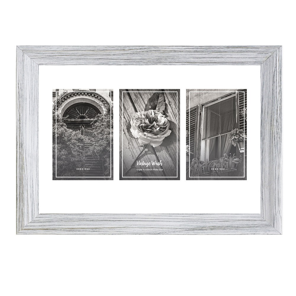 Vintage wash photo frame for three 4x6 photos, featuring a stylish grey finish, perfect for showcasing memories.