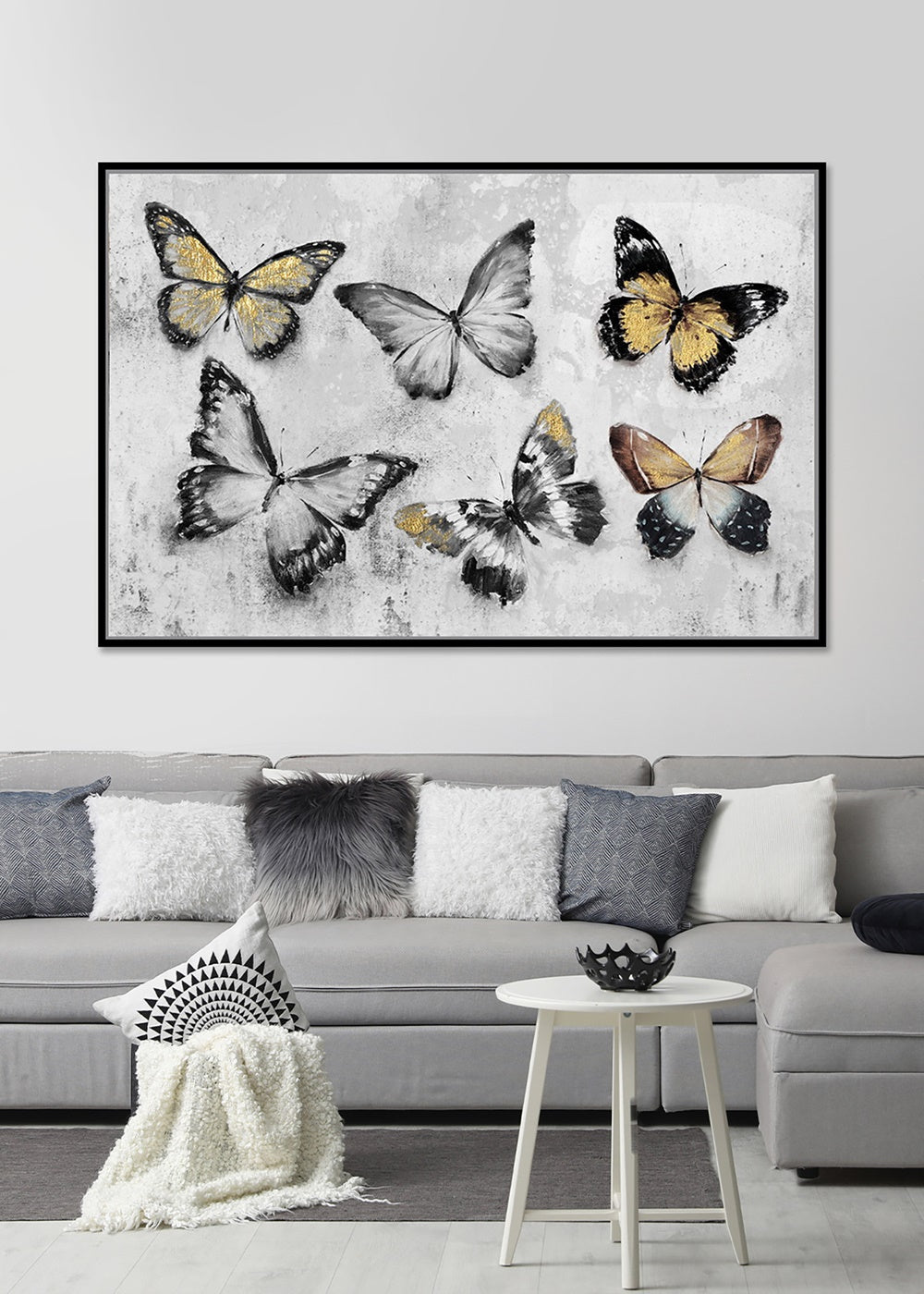 Framed canvas art of vibrant butterflies in a black frame, measuring 830 x 1230mm, perfect for enhancing home decor.