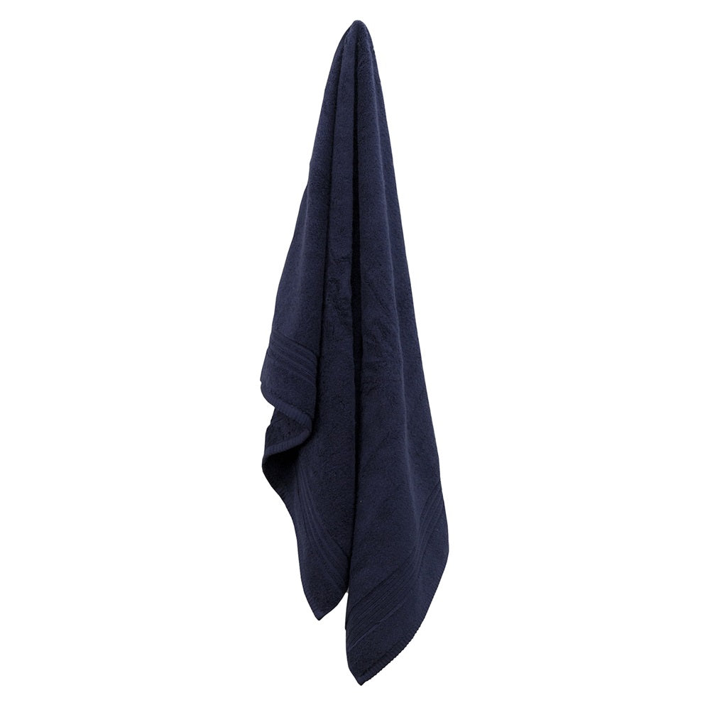 Navy bath towel made of 100% Egyptian cotton, luxurious feel, 680 x 1370mm size, part of the Selene collection.