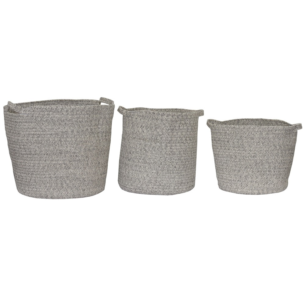 Set of 3 round cotton rope storage baskets in natural look, perfect for stylish organization in any space.