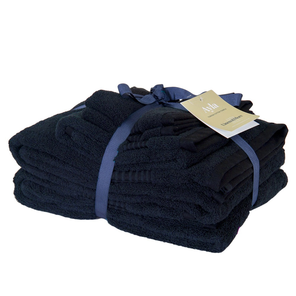Luxurious 5-piece navy Turkish towel set made from 100% cotton, perfect for gifts or personal use.