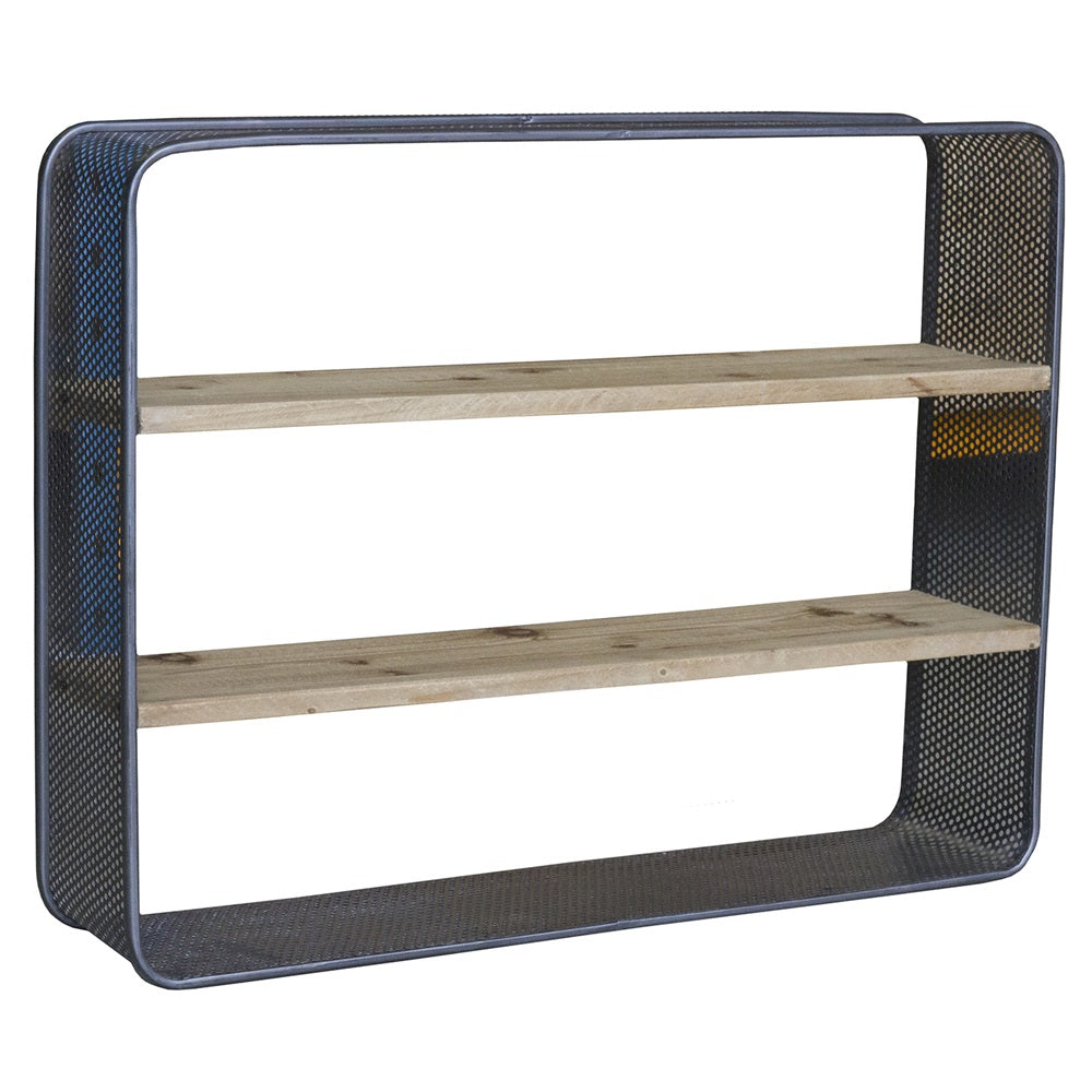 Elegant wood and iron wall shelf for stylish storage in living areas, bathrooms, and bedrooms.