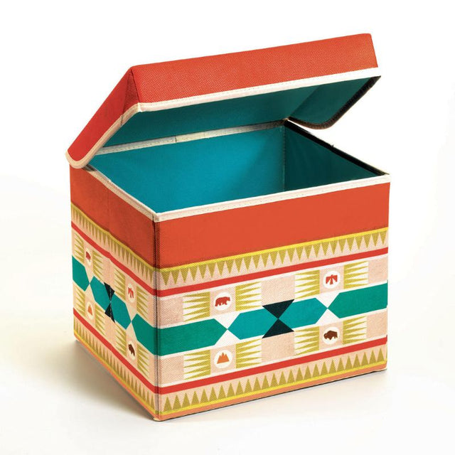 Colorful Djeco Teepee Toy Box with sturdy wooden design, doubling as storage and a child seat for imaginative play.