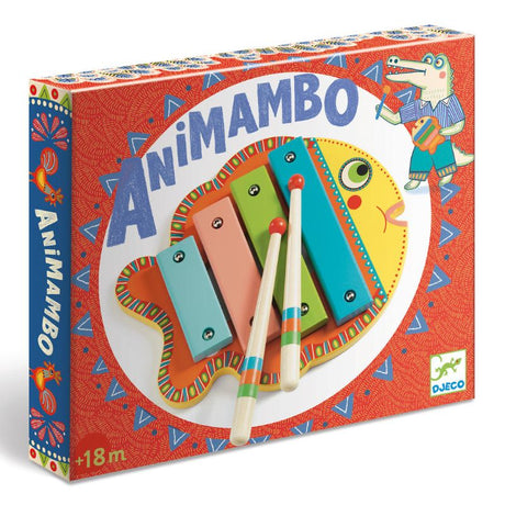 Colorful wooden fish-shaped xylophone by Djeco, designed for toddlers, with included batons and song downloads from Putumayo Kids.
