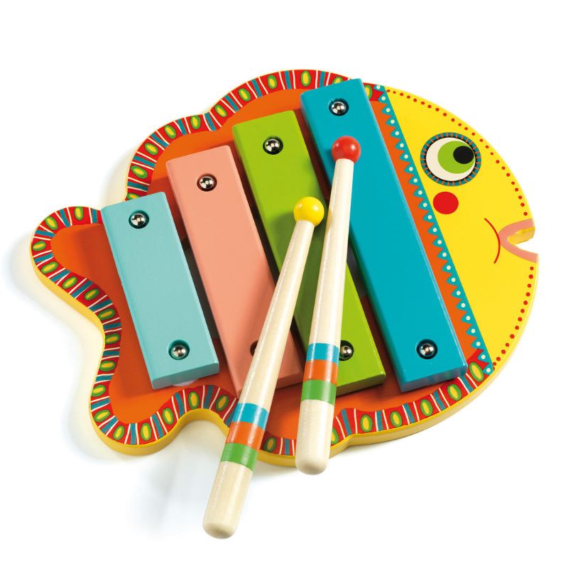 Colorful wooden fish-shaped xylophone by Djeco, promoting music exploration and fine motor skills for toddlers.