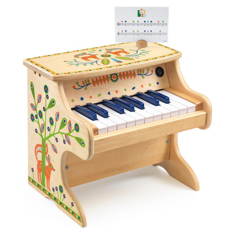 Colorful Animambo Electric Piano for kids with 18 keys, featuring a musical sheet with songs for early musical exploration.