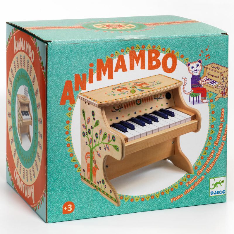 Wooden Animambo Electric Piano with 18 colorful keys and 4 song sheet, perfect for young musicians to explore music.