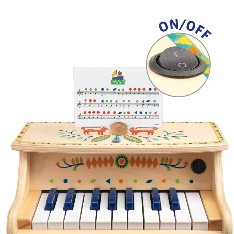 Wooden Animambo Electric Piano with 18 vibrant keys, colorful sheet, ideal for children’s music exploration and creativity.