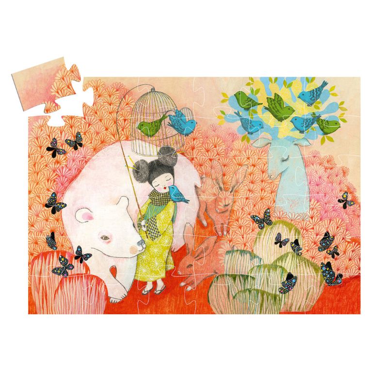 Colorful 36-piece Djeco Kokeishi puzzle featuring traditional Japanese dolls, promoting fine motor skills and cognitive development.