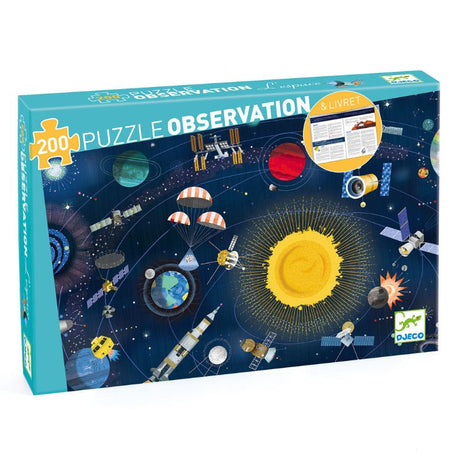 Djeco 200-piece space puzzle with booklet, featuring vibrant cosmic imagery, ideal for family fun and educational play.